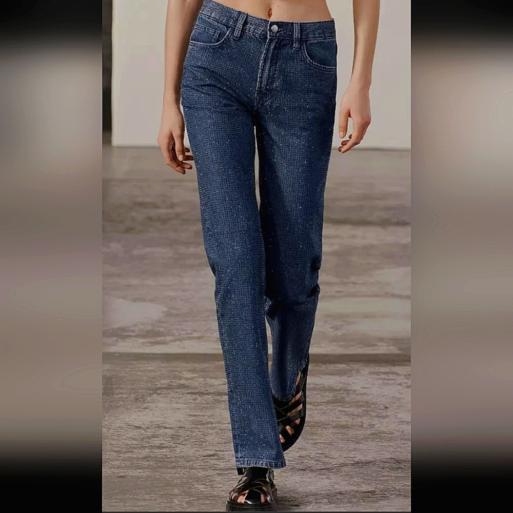 RHINESTONES HIGH RISE BOOTCUT JEANS 💙💙💙 ZARA ZW COLLECTION - Picture 3 of 11